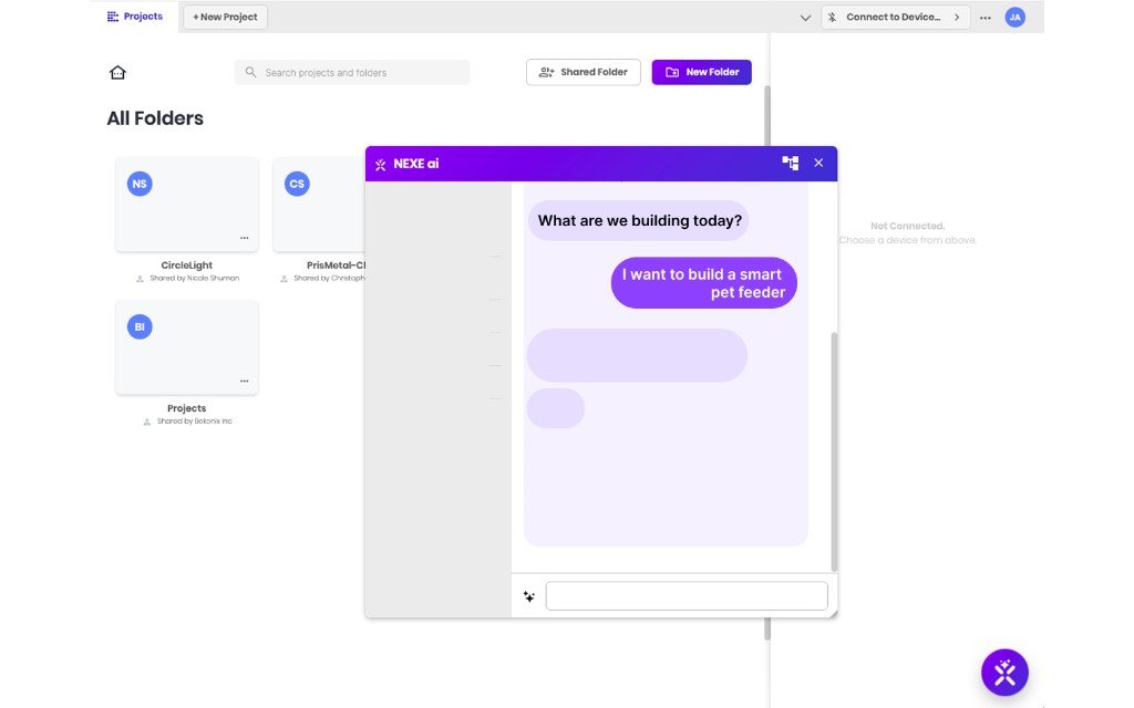 NEXE AI assistant asking what are we building today