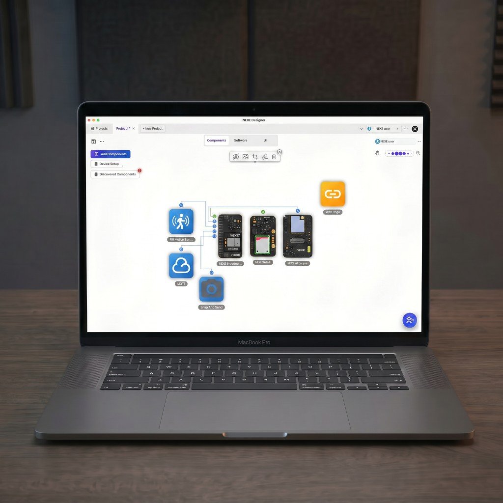 NEXE Designer on a laptop: node canvas with hardware modules and connections
