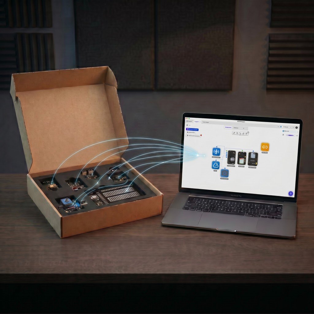 NEXE Launch Kit in a box beside a laptop showing NEXE Manager, with glowing blue arcs linking the hardware modules to the on-screen canvas